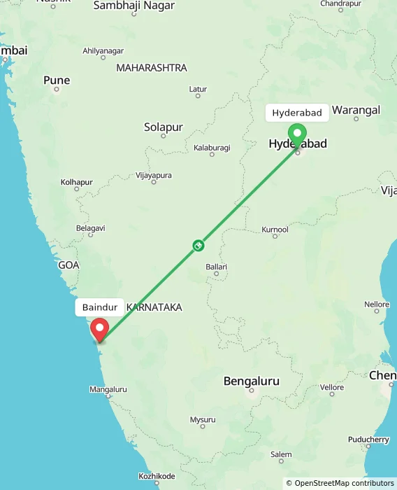 Route map showing distance and travel time from Hyderabad, India to Baindur, India