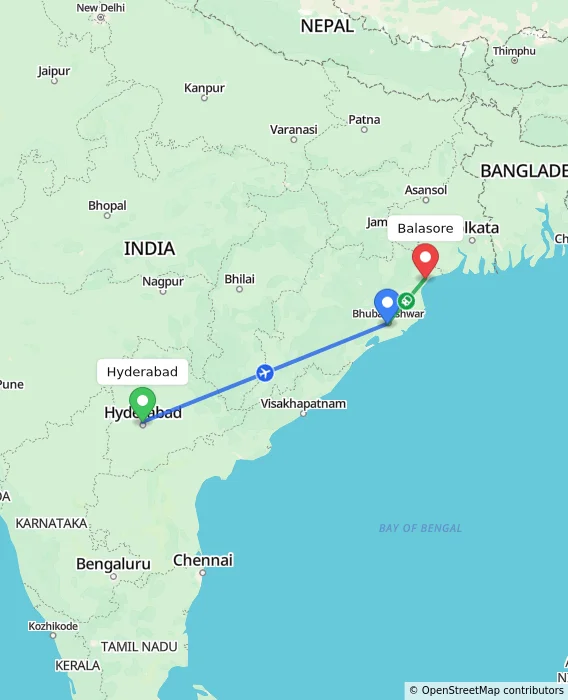 Route map showing distance and travel time from Hyderabad, India to Balasore, India