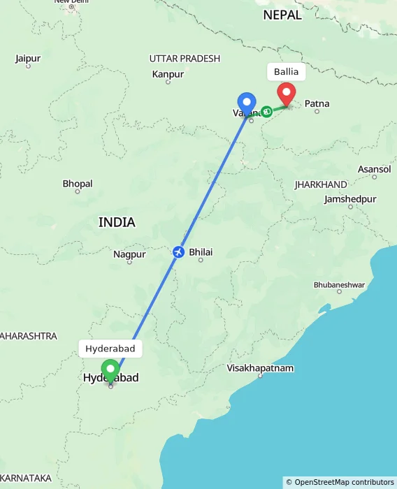 Route map showing distance and travel time from Hyderabad, India to Ballia, India