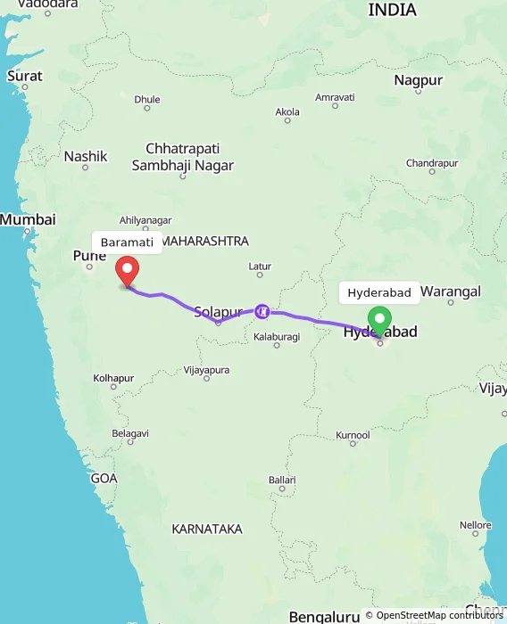 Route map showing distance and travel time from Hyderabad, India to Baramati, India