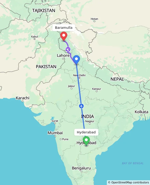Route map showing distance and travel time from Hyderabad, India to Baramulla, India
