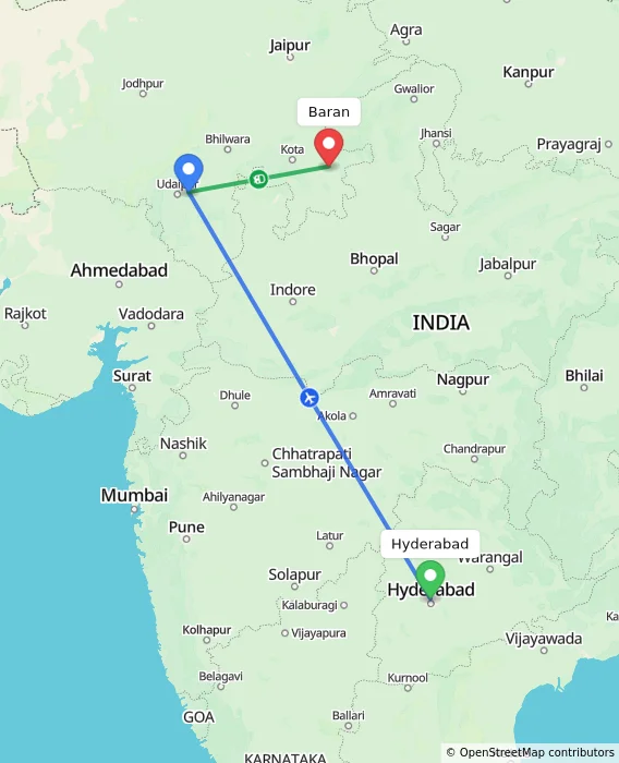 Route map showing distance and travel time from Hyderabad, India to Baran, India