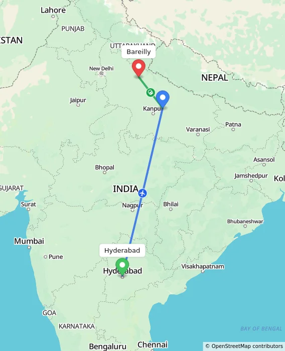 Route map showing distance and travel time from Hyderabad, India to Bareilly, India