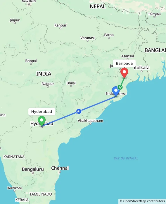 Route map showing distance and travel time from Hyderabad, India to Baripada, India