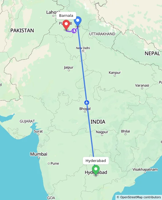 Route map showing distance and travel time from Hyderabad, India to Barnala, India