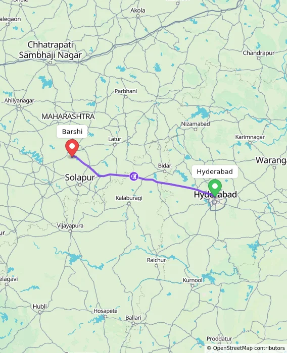 Route map showing distance and travel time from Hyderabad, India to Barshi, India