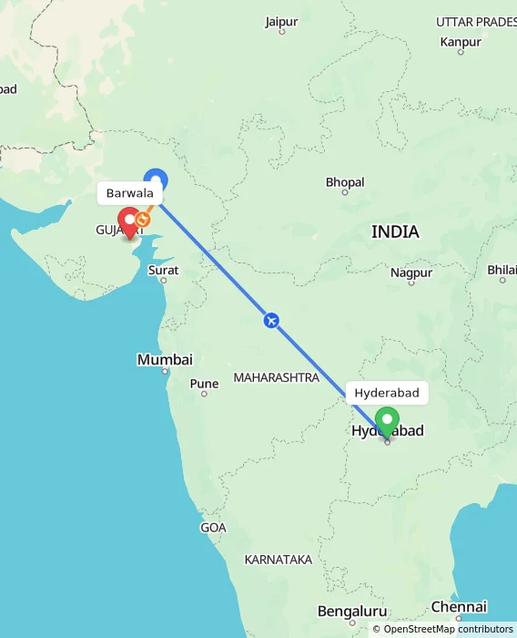 Route map showing distance and travel time from Hyderabad, India to Barwala, India