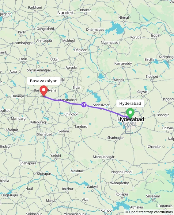 Route map showing distance and travel time from Hyderabad, India to Basavakalyan, India