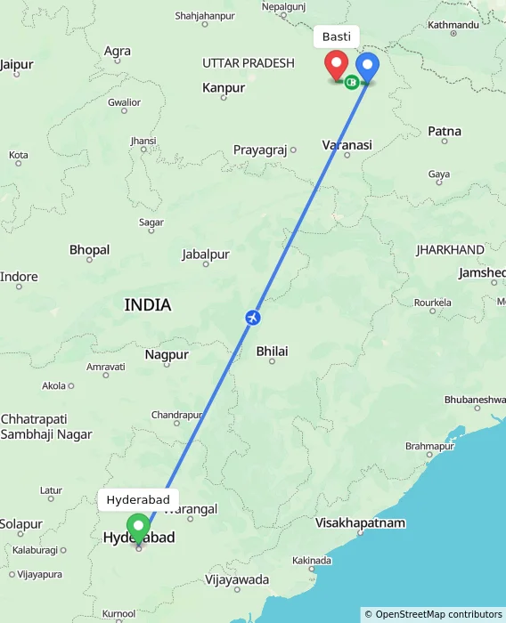 Route map showing distance and travel time from Hyderabad, India to Basti, India