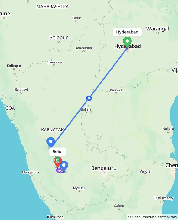 Route map showing distance and travel time from Hyderabad, India to Belur, India