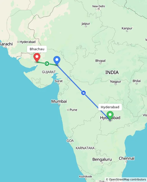Route map showing distance and travel time from Hyderabad, India to Bhachau, India