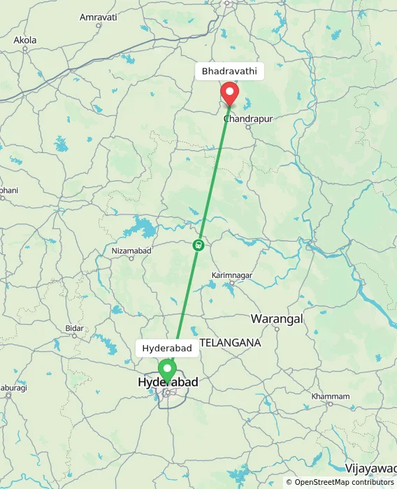 Route map showing distance and travel time from Hyderabad, India to Bhadravathi, India