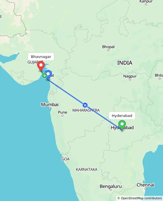 Route map showing distance and travel time from Hyderabad, India to Bhavnagar, India