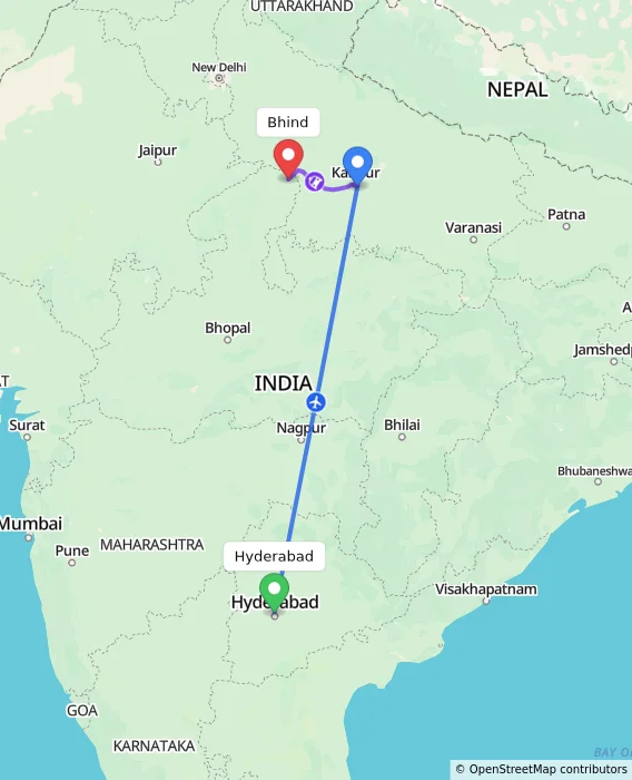 Route map showing distance and travel time from Hyderabad, India to Bhind, India