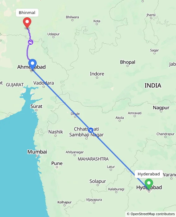 Route map showing distance and travel time from Hyderabad, India to Bhinmal, India