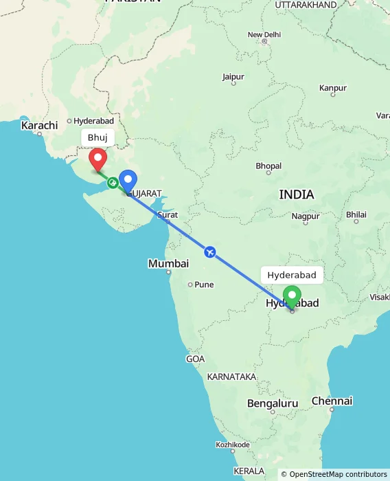 Route map showing distance and travel time from Hyderabad, India to Bhuj, India