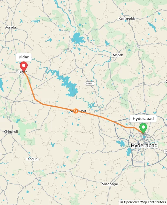 Route map showing distance and travel time from Hyderabad, India to Bidar, India