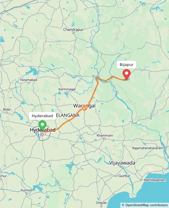 Route map showing distance and travel time from Hyderabad, India to Bijapur, India
