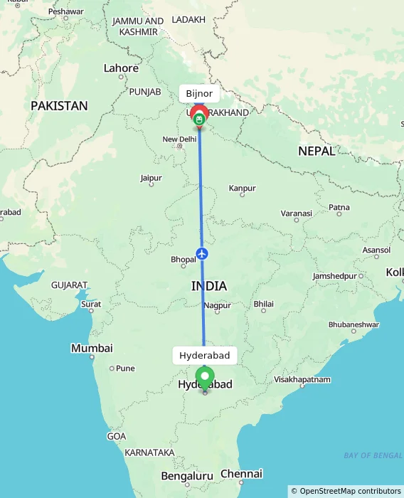 Route map showing distance and travel time from Hyderabad, India to Bijnor, India