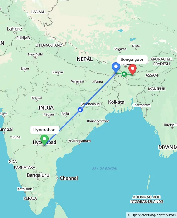 Route map showing distance and travel time from Hyderabad, India to Bongaigaon, India