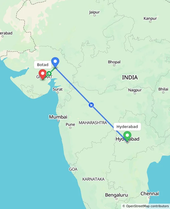 Route map showing distance and travel time from Hyderabad, India to Botad, India