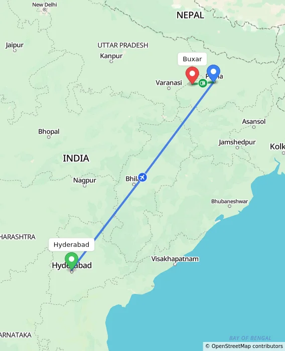 Route map showing distance and travel time from Hyderabad, India to Buxar, India