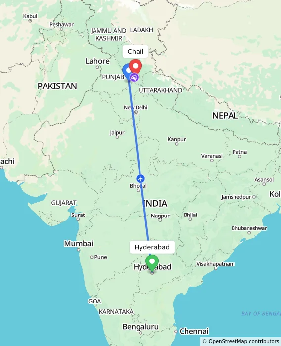 Route map showing distance and travel time from Hyderabad, India to Chail, India