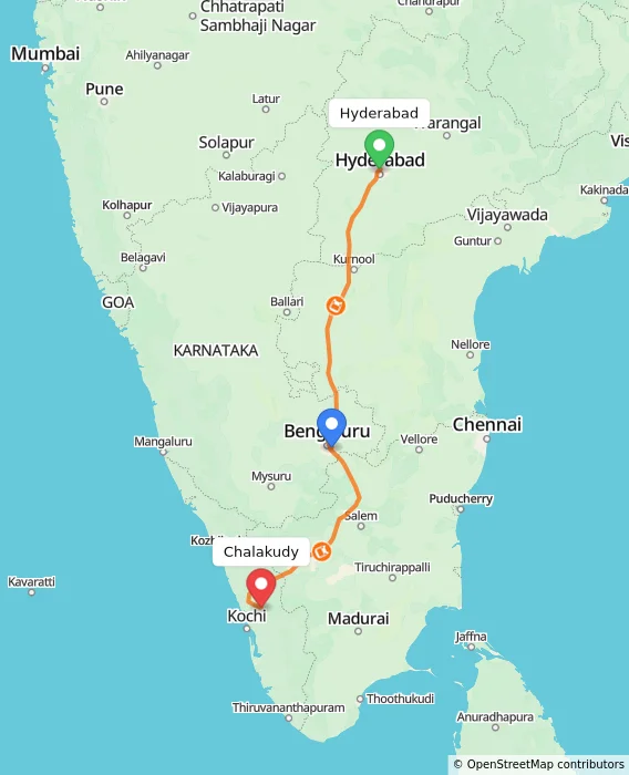 Route map showing distance and travel time from Hyderabad, India to Chalakudy, India