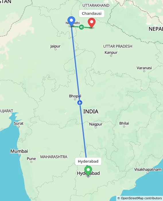 Route map showing distance and travel time from Hyderabad, India to Chandausi, India