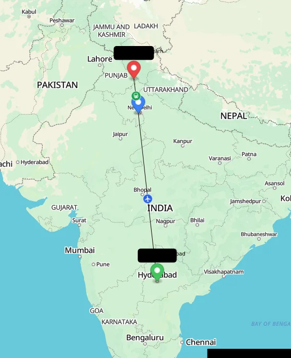 Route map showing distance and travel time from Hyderabad, India to Chandigarh, India