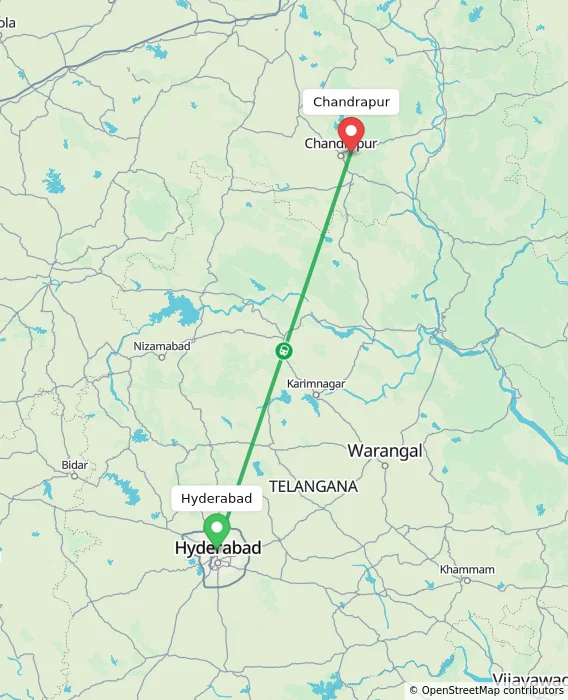 Route map showing distance and travel time from Hyderabad, India to Chandrapur, India