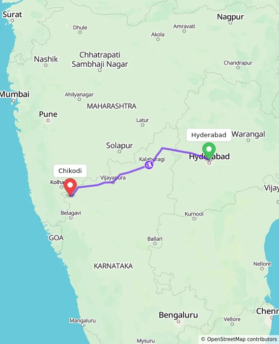 Route map showing distance and travel time from Hyderabad, India to Chikodi, India