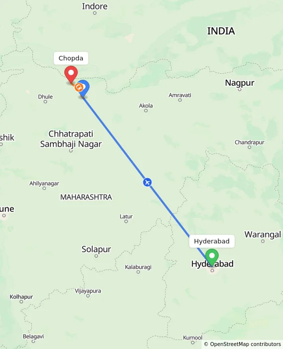Route map showing distance and travel time from Hyderabad, India to Chopda, India