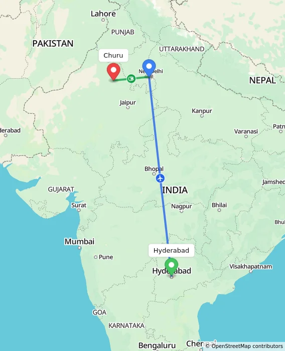 Route map showing distance and travel time from Hyderabad, India to Churu, India