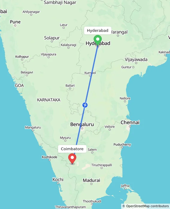 Route map showing distance and travel time from Hyderabad, India to Coimbatore, India