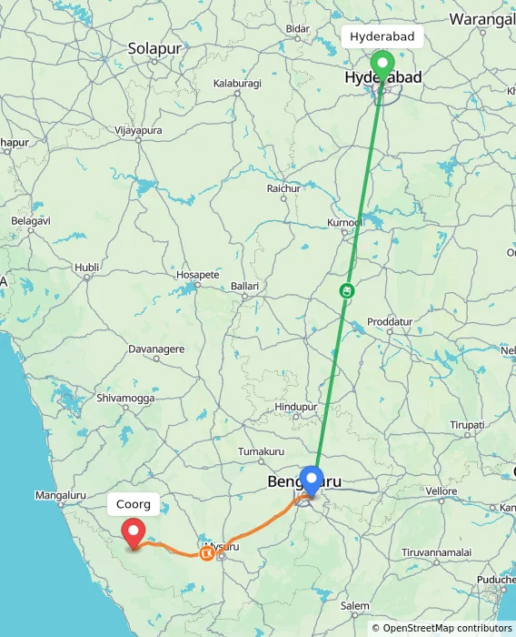 Route map showing distance and travel time from Hyderabad, India to Coorg, India