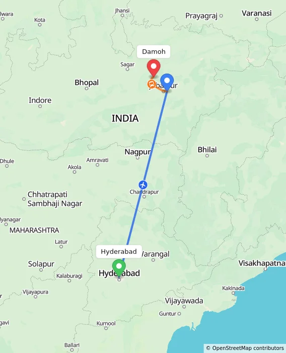 Route map showing distance and travel time from Hyderabad, India to Damoh, India
