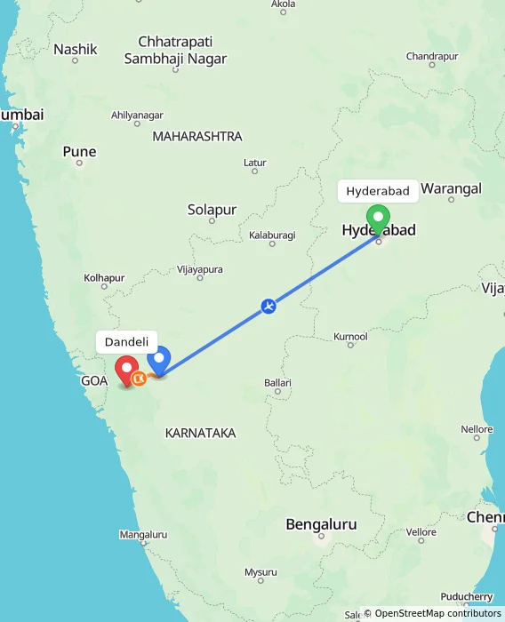 Route map showing distance and travel time from Hyderabad, India to Dandeli, India
