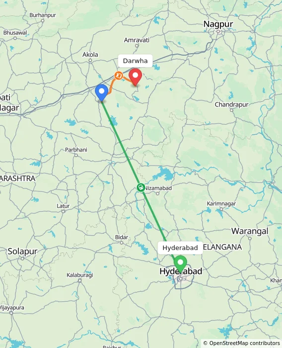 Route map showing distance and travel time from Hyderabad, India to Darwha, India
