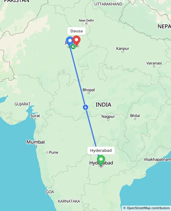 Route map showing distance and travel time from Hyderabad, India to Dausa, India