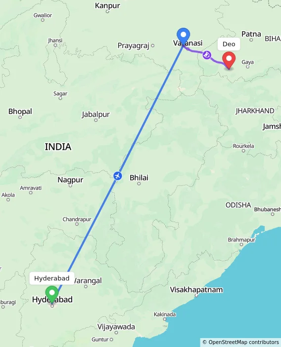 Route map showing distance and travel time from Hyderabad, India to Deo, India
