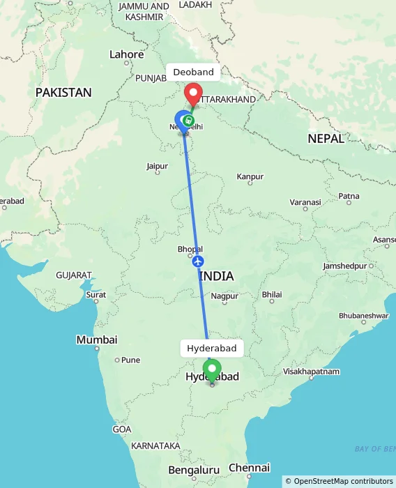 Route map showing distance and travel time from Hyderabad, India to Deoband, India