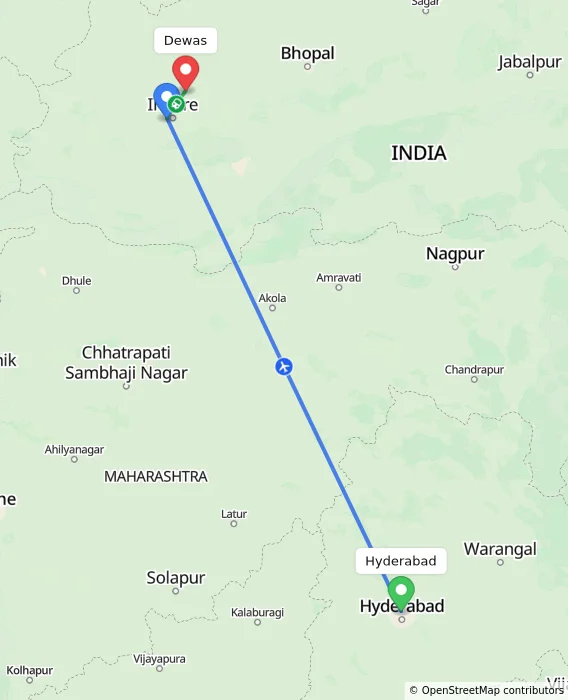 Route map showing distance and travel time from Hyderabad, India to Dewas, India
