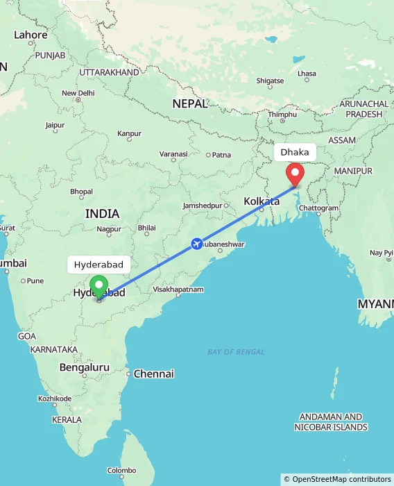 Route map showing distance and travel time from Hyderabad, India to Dhaka, Bangladesh