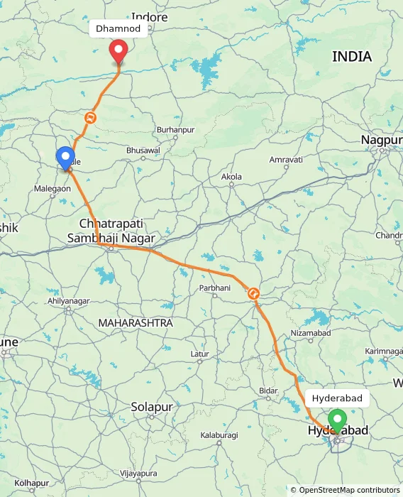 Route map showing distance and travel time from Hyderabad, India to Dhamnod, India