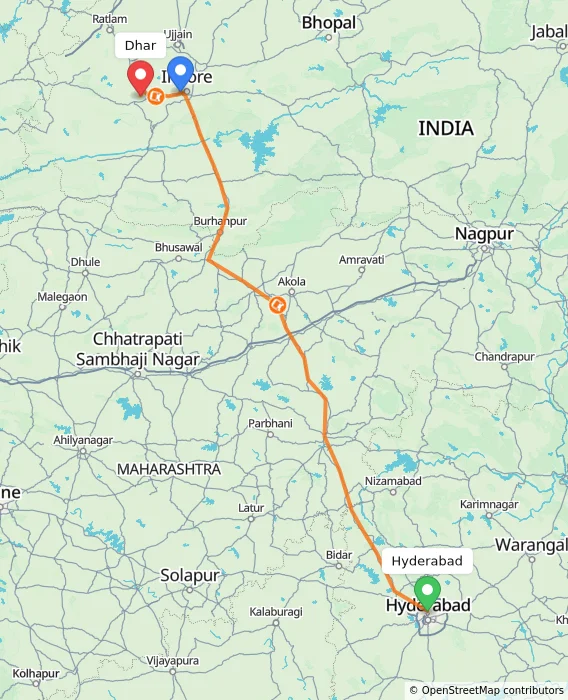 Route map showing distance and travel time from Hyderabad, India to Dhar, India