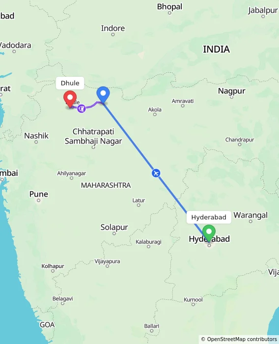 Route map showing distance and travel time from Hyderabad, India to Dhule, India