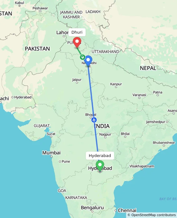 Route map showing distance and travel time from Hyderabad, India to Dhuri, India