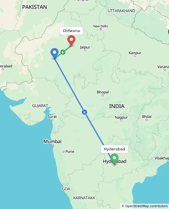 Route map showing distance and travel time from Hyderabad, India to Didwana, India