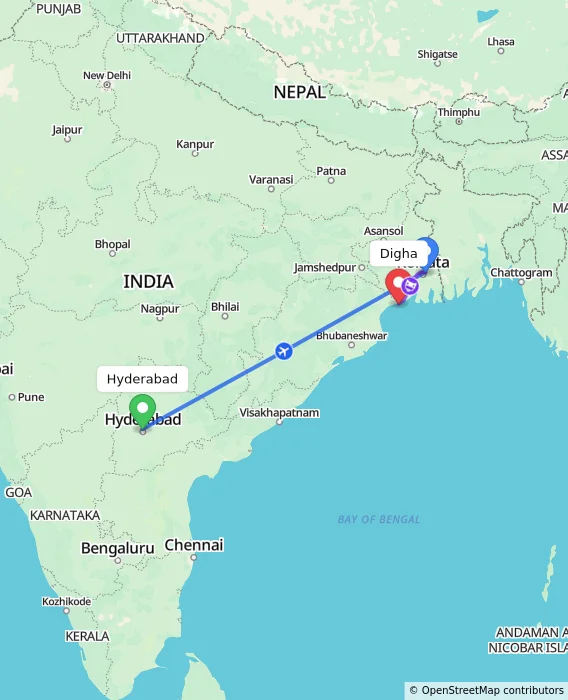 Route map showing distance and travel time from Hyderabad, India to Digha, India